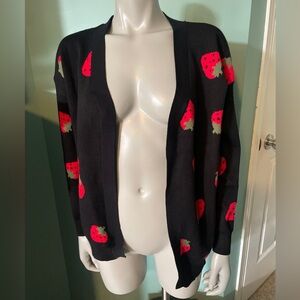 Black Strawberry Pattern Open Cardigan Sweater Ladies XL